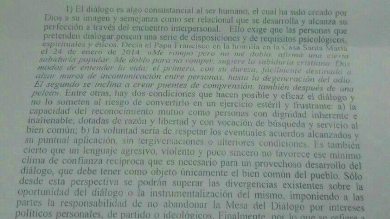 Esta es la carta completa que envió el Vaticano a la mesa de diálogo en Venezuela