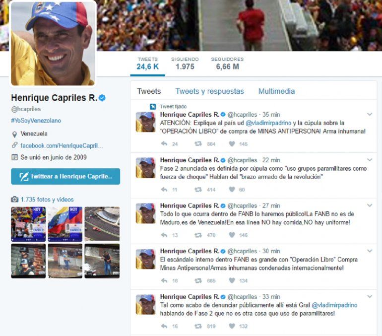 Cuenta de Twitter de Henrique Capriles este 17 de mayo.
