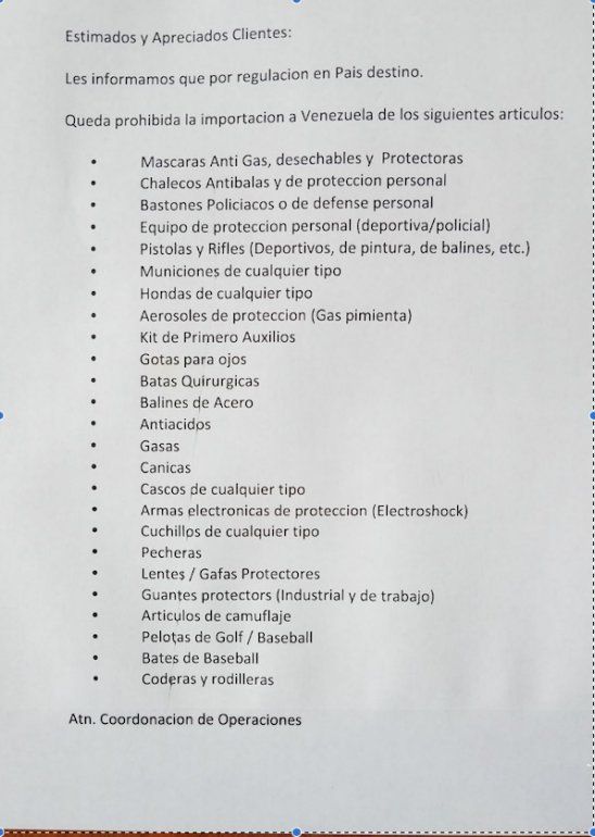 Lista de los productos que está prohibido enviar a Venezuela.