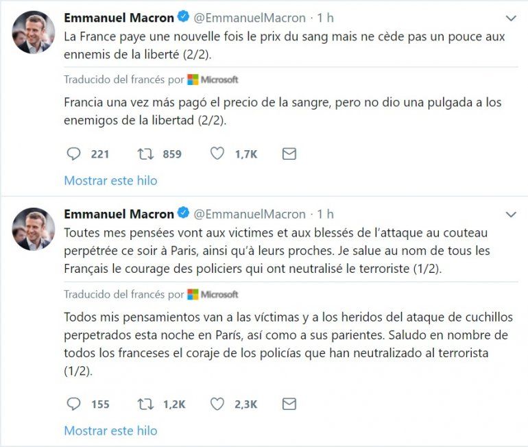 Captura de pantalla de los tuits del presidente franc&eacute;s, Emmanuel Macron, tras el ataque con cuchillo que dej&oacute; una persona muerta y cuatro heridos en la zona de &Oacute;pera, en Par&iacute;s.