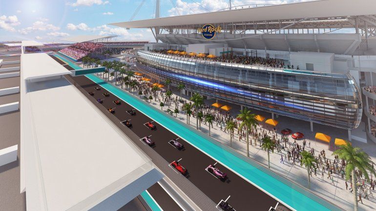 Imagen digital de la arrancada en el circuito para el Grand Prix de F1 en el Hard Rock Stadium en Miami.