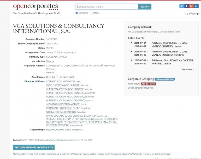 En el portal opencorporates.com aparece la empresa de Humberto Vivanco con sede en Panama. 