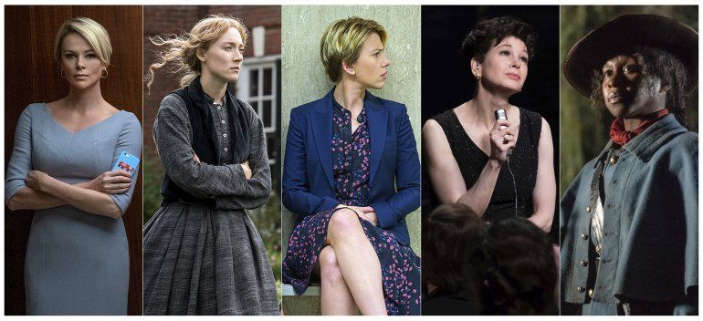 En esta combinaci&oacute;n de fotos, de izquierda a derecha, las nominados al Oscar a mejor actriz Charlize Theron en "Bombshell", Saoirse Ronan en "Little Women", Scarlett Johansson en "Marriage Story", Renée Zellweger en "Judy", y Cynthia Erivo en "Harriet". 