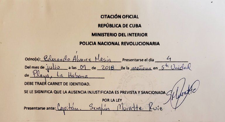Una de las citaciones a Eduardo Álvarez por parte de la policía política en Cuba. 