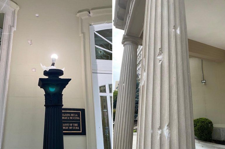 Fotos de los daños ocasionados por disparos en el edificio publicadas en la cuenta de Twitter de la Embajada de Cuba en Washington, EEUU, el 30 de abril de 2020