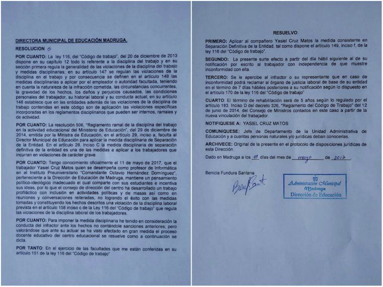 Documento con la medida de separación definitiva del Instituto Preuniversitario “Comandante Octavio Hernández”, en 2017, centro donde Yasiel Cruz impartía clases de Informática. 