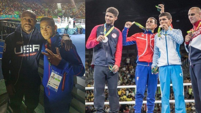 A la izquierda, Robeisy Ramírez posa junto al estadounidense Floyd Mayweather Jr.; a la derecha, el púgil cubano alza su medalla de oro en los Juegos Olímpicos de Río de Janeiro 2016.