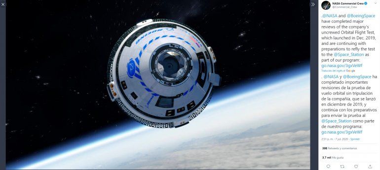 La NASA y Boeing han completado la revisi&oacute;n de la misi&oacute;n fallida de la c&aacute;psula Starliner, dice el post que acompa&ntilde;a a la foto publicada el 7 de julio en la cuenta de Twitter NASA Commercial Crew.