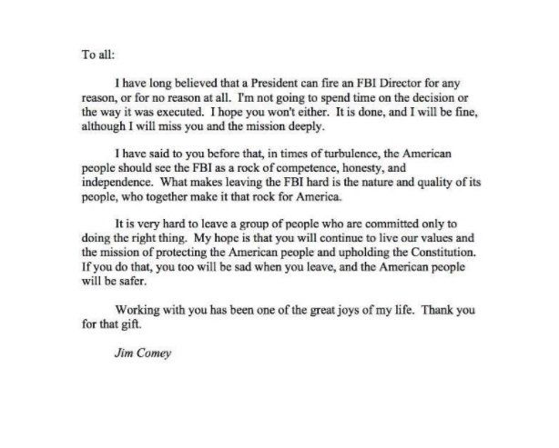 James Comey agradece a empleados de FBI en carta de despedida