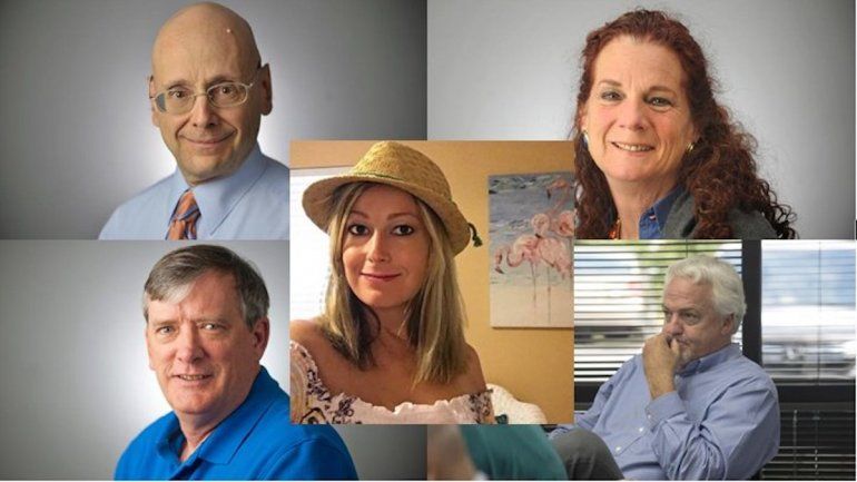 Rob Hiaasen, Wendi Winters, Gerald Fischman, Rebecca Smith y John McNamara, las cinco v&iacute;ctimas mortales del tiroteo en la redacci&oacute;n del peri&oacute;dico. 