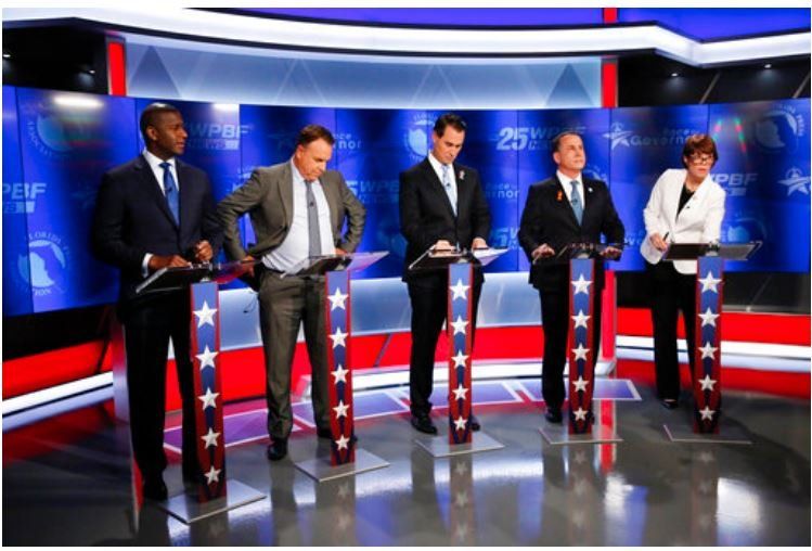 Precandidatos demócratas, de izq. a derecha: Andrew Gillum, Jeff Greene, Chris King, Philip Levine y Gwen Graham