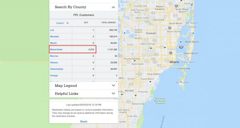 Solo en el condado de Miami-Dade se reportaron más de 3.000 cortes de electricidad.