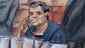 Reproducción fotográfica de un dibujo realizado por la artista Jane Rosenberg donde aparece el narcotraficante mexicano Joaquín El Chapo Guzmán durante su comparecencia ante un juez de la corte del distrito sur en Brooklyn, Nueva York. Reproducción fotográfica de un dibujo realizado por la artista Jane Rosenberg donde aparece el narcotraficante mexicano Joaquín El Chapo Guzmán durante su comparecencia ante un juez de la corte del distrito sur en Brooklyn, Nueva York.