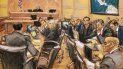 Reproducción fotográfica de un dibujo realizado por la artista Jane Rosenberg de una vista general de la continuación del juicio contra el narcotraficante mexicano Joaquín El Chapo Guzmán, en el tribunal del Distrito Sur en Brooklyn, Nueva York. Reproducción fotográfica de un dibujo realizado por la artista Jane Rosenberg de una vista general de la continuación del juicio contra el narcotraficante mexicano Joaquín El Chapo Guzmán, en el tribunal del Distrito Sur en Brooklyn, Nueva York.