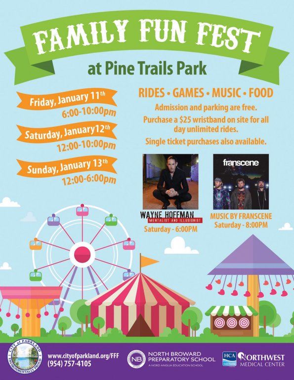 Juegos de carnaval y mec&aacute;nicos, m&uacute;sica, show de magia y comida son alguna de las diversiones que tendr&aacute; el Family Fun Fest de Parkland este 11, 12 y 13 de enero, en el Pine Trail Park.