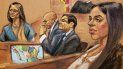 Reproducción fotográfica de un dibujo realizado por la artista Jane Rosenberg donde aparece la exdiputada mexicana y amante de Joaquín El Chapo Guzmán, Lucero Guadalupe Sánchez (i), mientras rinde testimonio junto al narcotraficante mexicano Joaquín El Chapo Guzmán (2d), su abogado Eduardo Balarezo (2i), su esposa Emma Coronel (d), y el juez de la corte federal de Brooklyn Brian Cogan (arriba). Reproducción fotográfica de un dibujo realizado por la artista Jane Rosenberg donde aparece la exdiputada mexicana y amante de Joaquín El Chapo Guzmán, Lucero Guadalupe Sánchez (i), mientras rinde testimonio junto al narcotraficante mexicano Joaquín El Chapo Guzmán (2d), su abogado Eduardo Balarezo (2i), su esposa Emma Coronel (d), y el juez de la corte federal de Brooklyn Brian Cogan (arriba).