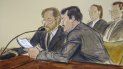 En este dibujo hecho en una sala de la corte federal de Brooklyn, en Nueva York, el miércoles 17 de julio del 2019, Joaquín El Chapo Guzmán, a la derecha, lee un documento, junto a un intérprete, minutos antes de ser sentenciado a cadena perpetua. En este dibujo hecho en una sala de la corte federal de Brooklyn, en Nueva York, el miércoles 17 de julio del 2019, Joaquín El Chapo Guzmán, a la derecha, lee un documento, junto a un intérprete, minutos antes de ser sentenciado a cadena perpetua.