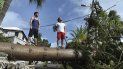 Dos hombres de pie sobre un árbol derribado por el paso del huracán Humberto, en Pitts Bay Road, en Hamilton, Bermuda, el 19 de septiembre de 2019. Dos hombres de pie sobre un árbol derribado por el paso del huracán Humberto, en Pitts Bay Road, en Hamilton, Bermuda, el 19 de septiembre de 2019.