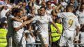 El belga Eden Hazard es felicitado por anotar su primer gol, segundo en el juego para el Madrid, desde que llegó al equipo español. El belga Eden Hazard es felicitado por anotar su primer gol, segundo en el juego para el Madrid, desde que llegó al equipo español.