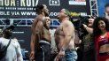 Fotografía del 31 de mayo de 2019 de los boxeadores de peso pesado Anthony Joshua (izq.) y Andy Ruiz Jr. durante un pesaje en el Madison Square Garden, en Nueva York. Fotografía del 31 de mayo de 2019 de los boxeadores de peso pesado Anthony Joshua (izq.) y Andy Ruiz Jr. durante un pesaje en el Madison Square Garden, en Nueva York.