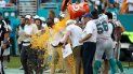 El entrenador Brian Flores recibe el tradicional baño de Gatorade luego de haber conseguido su primer triunfo con los Dolphins de Miami ante los Jets de Nueva York, el 3 de noviembre de 2019 en el Hard Rock Stadium. El entrenador Brian Flores recibe el tradicional baño de Gatorade luego de haber conseguido su primer triunfo con los Dolphins de Miami ante los Jets de Nueva York, el 3 de noviembre de 2019 en el Hard Rock Stadium.