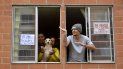 Vecinos de un edificio de apartamentos en Bogotá salen a las ventanas para participar en las clases de Zumba que imparte la Policía durante la cuarentena, el 8 de abril de 2020. Vecinos de un edificio de apartamentos en Bogotá salen a las ventanas para participar en las clases de Zumba que imparte la Policía durante la cuarentena, el 8 de abril de 2020.
