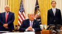 El presidente Donald Trump anuncia en la Oficina Oval de la Casa Blanca, Washington, jueves 13 de agosto de 2020, que los Emiratos Árabes Unidos han acordado celebrar relaciones diplomáticas plenas con Israel. A la derecha, el asesor de la Casa Blanca, Jared Kushner. El presidente Donald Trump anuncia en la Oficina Oval de la Casa Blanca, Washington, jueves 13 de agosto de 2020, que los Emiratos Árabes Unidos han acordado celebrar relaciones diplomáticas plenas con Israel. A la derecha, el asesor de la Casa Blanca, Jared Kushner.