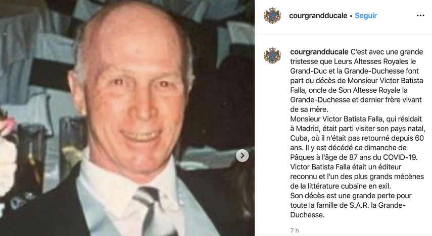 Captura de pantalla del aviso de la muerte de V&iacute;ctor Batista desde la cuenta en Instagram de la Casa Real de Luxemburgo.