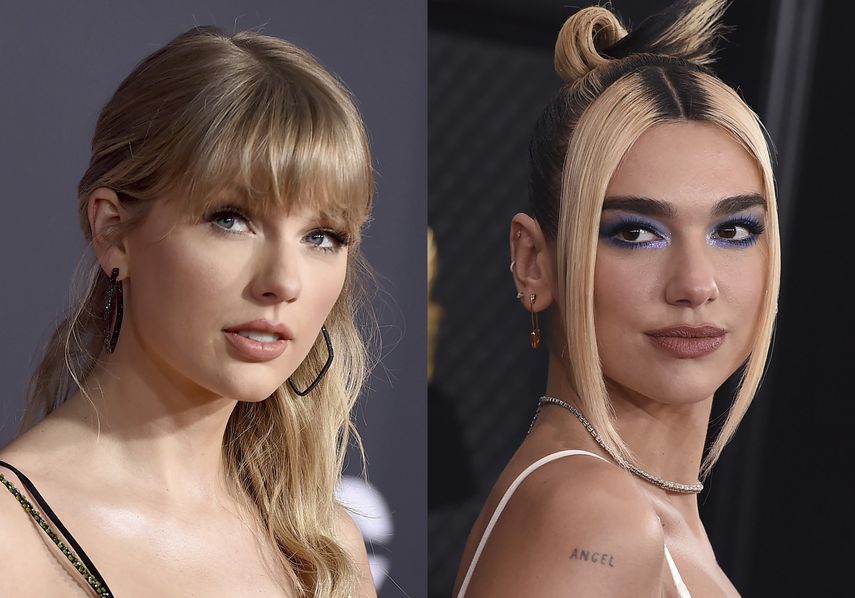 Taylor Swift en los American Music Awards el 24 de noviembre de 2019 en Los Angeles, y Dua Lipa en la ceremonia de los premios Grammy en Los Angeles el pasado 26 de enero.&nbsp;