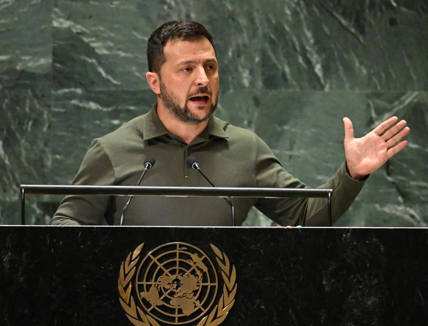 El presidente de Ucrania Volodimir Zlensky habla en la sede de Naciones Unidas en Nueva York.
