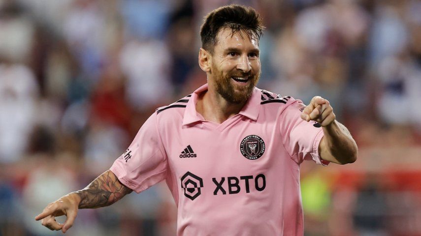El argentino Lionel Messi festeja su tanto con el Inter Miami ante los Red Bulls de Nueva York, el sábado 26 de agosto de 2023, en Harrison, Nueva Jersey&nbsp;