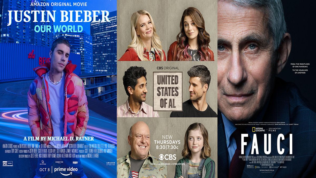En esta combinación de fotos, el arte promocional de Justin Bieber: Our World, que se estrena el 8 de octubre en Amazon Prime, la serie de comedia United States of Al, cuya segunda temporada comienza el jueves en CBS, y el documental Fauci, disponible en Disney+. En esta combinación de fotos, el arte promocional de Justin Bieber: Our World, que se estrena el 8 de octubre en Amazon Prime, la serie de comedia United States of Al, cuya segunda temporada comienza el jueves en CBS, y el documental Fauci, disponible en Disney+.