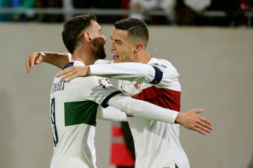 Cristiano Ronaldo, delantero de Portugal, celebra después de anotar el cuarto gol de su equipo durante el partido eliminatorio rumbo a la Euro 2024 en el Grupo J, en contra de Luxemburgo, en el Stade de Luxembourg, el domingo 26 de marzo de 2023.&nbsp;