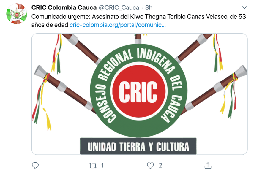 En este tweet se informa del&nbsp;integrante de la&nbsp;guardia ind&iacute;gena Toribio Can&aacute;s.