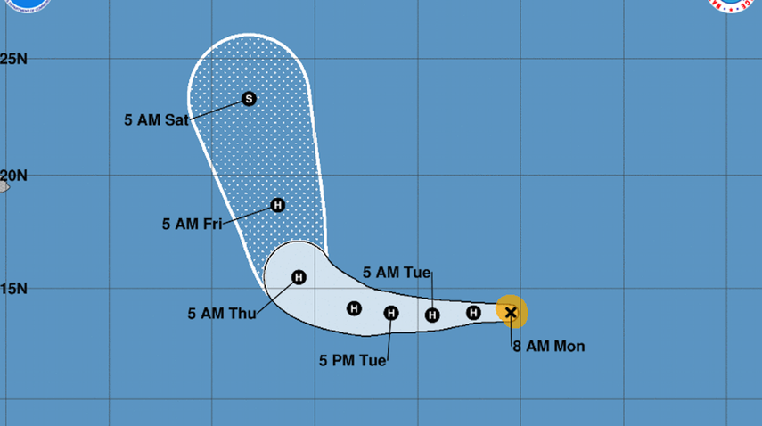 Cono que muestra el desplazamiento de la tormenta tropical Miriam.&nbsp;