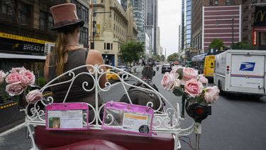 La conductora de un carruaje tirado por caballos, Christina Hansen, recorre el distrito de Manhattan el 26 de agosto de 2022 en la ciudad de Nueva York.&nbsp;