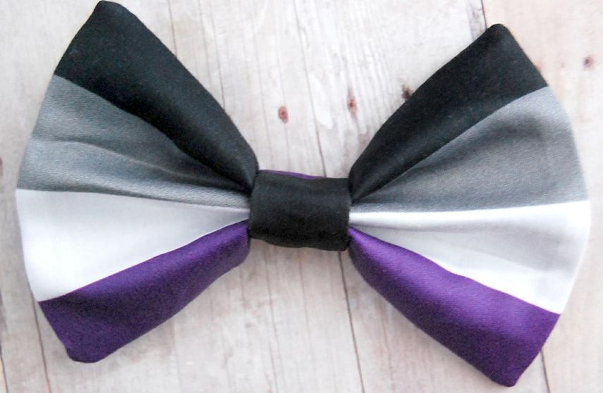 Vista de un lazo elaborado con los colores del orgullo asexual.