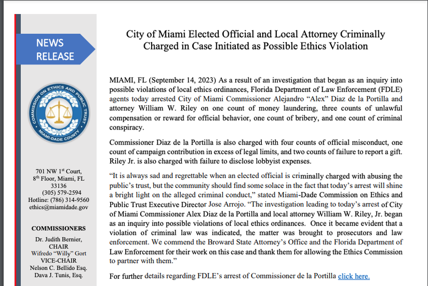 Comunicado de prensa de la Comisión de Ética de Miami-Dade. 