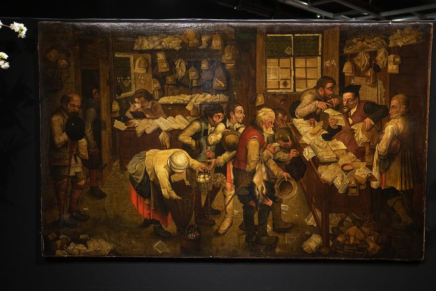 La pintura Pago de las cuotas anuales conocida también como El abogado del pueblo del pintor Pieter Brueghel el Joven (posiblemente creada entre 1615 y 1617), el lunes 27 de marzo de 2023 en la casa de subastas Drouot en París.&nbsp;