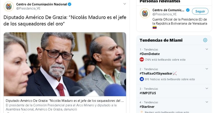 &ldquo;El Arco Minero se ha convertido en una violaci&oacute;n flagrante de los derechos humanos, lo que sufren los ind&iacute;genas, el pueblo Pem&oacute;n y los ind&iacute;genas de la Gran Sabana&rdquo;, continu&oacute; De Grazia. &ldquo;El jefe de los saqueadores de oro es Nicol&aacute;s Maduro&rdquo;.