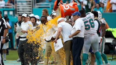 El entrenador Brian Flores recibe el tradicional ba&ntilde;o de Gatorade luego de haber conseguido su primer triunfo con los Dolphins de Miami&nbsp;ante los Jets de Nueva York, el 3 de noviembre&nbsp;de 2019 en el Hard Rock Stadium.&nbsp;