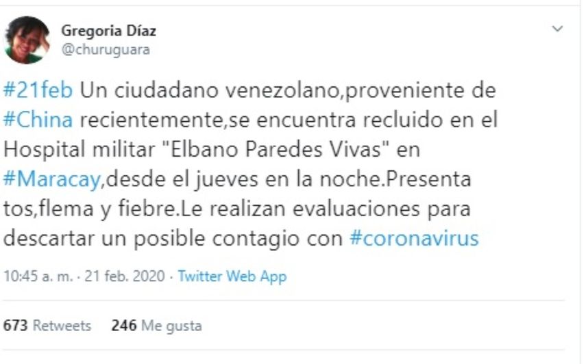 Mensaje difundido por la periodista Grergoria D&iacute;az&nbsp;