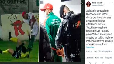 Momento en el que el mediocampista William Ribeiro agrede al árbitro Rodrigo Crivellaro (Izquierda) y luego, cuando la policía mantiene detenido al jugador (derecha)