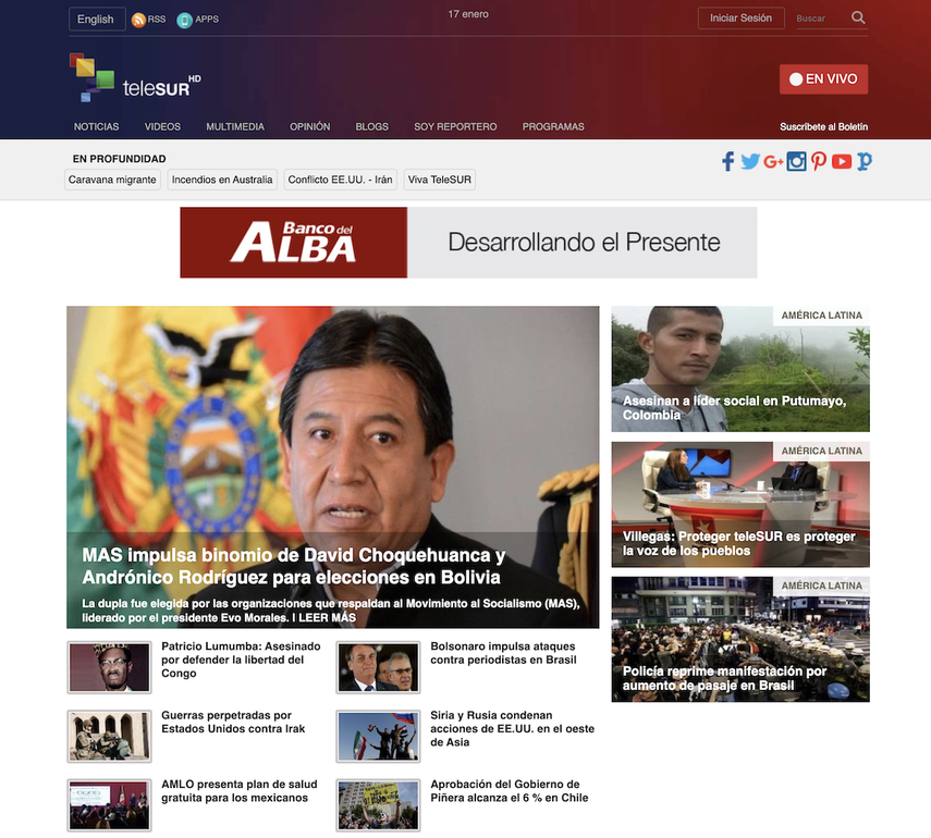 Captura de pantalla de la p&aacute;gina principal del portal de Telesur.&nbsp;