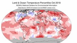 Mapa de temperaturas de octubre de 2018. Octubre de 2018 se ha convertido en el segundo mes de octubre más cálido a nivel mundial desde que hay registros, es decir, desde 1880.
