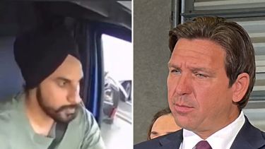 Harjinder Singh, conductor inmigrante, y Ron Desantis, gobernador de Florida.&nbsp;