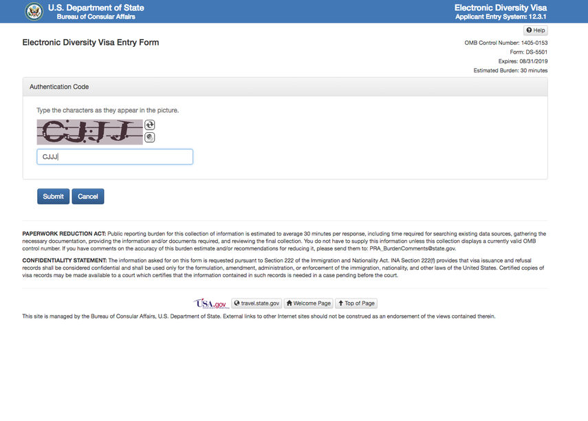 Una vez leído las instrucciones y teniendo la fotografía con los parámetros indicados, se selecciona&nbsp; Begin Entry, para ingresar ya en el sistema. Aparece esta pantalla que requiera la colocación de un código que varía para cada solicitud.&nbsp;