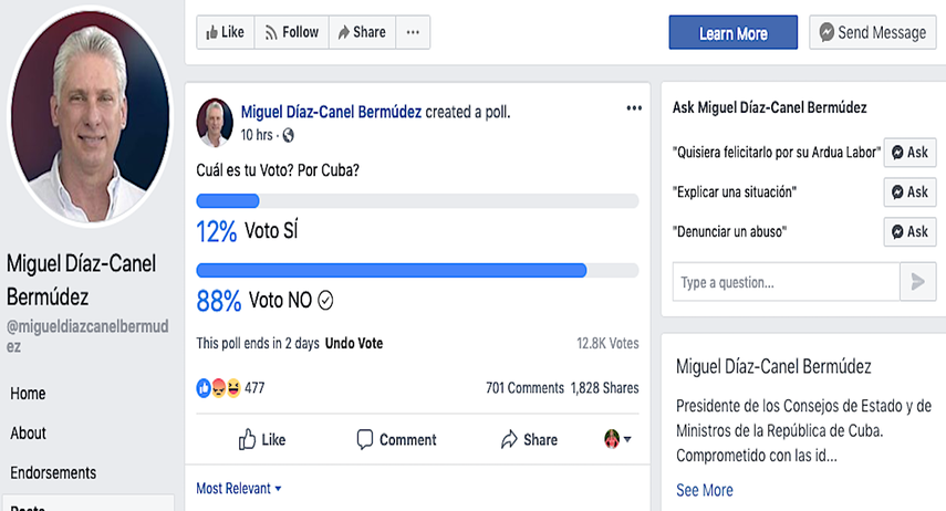 Una captura de pantalla de la cuenta no verificada que lleva el nombre del gobernante Díaz-Canel, donde recientemente se publicó una encuesta sobre el referendo constitucional.&nbsp;