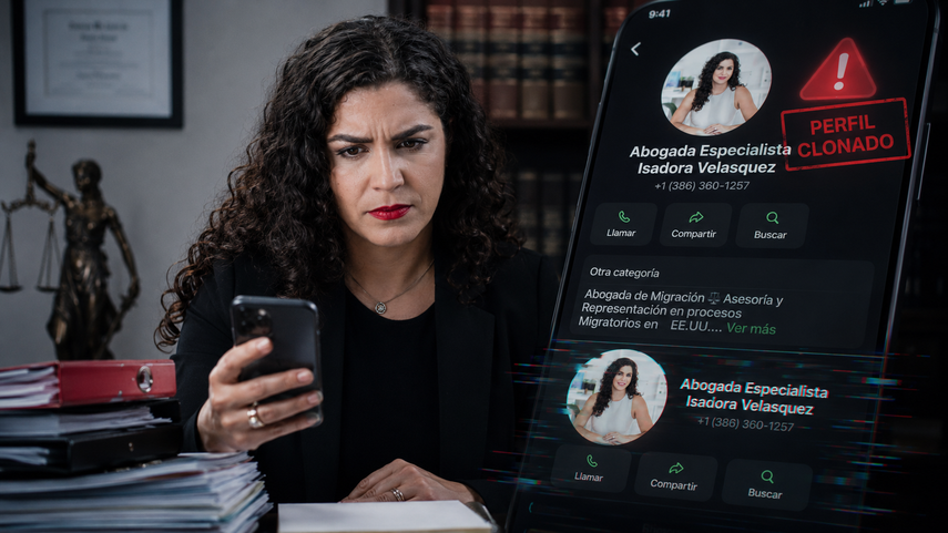 Ilustración fotorrealista con IA de la clonación del perfil de la abogada de inmigración Isadora Velázquez.