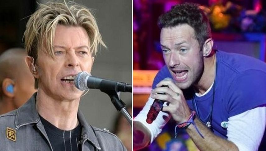 El legendario músico británico David Bowie y el vocalista de Coldplay. (CORTESÍA)